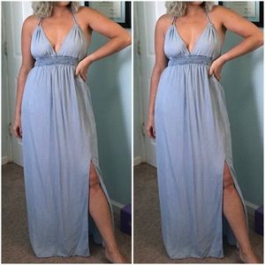 Chambray Blue Tie Halter Maxi Dress with Tassels